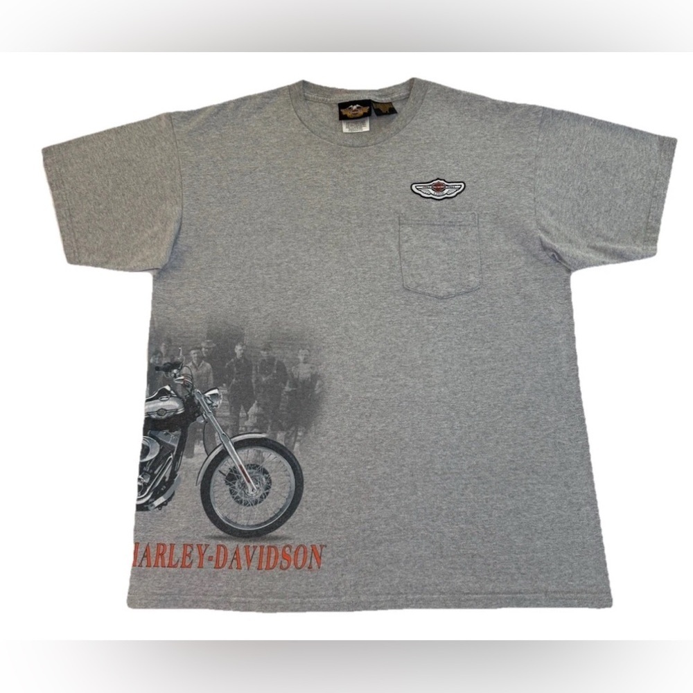 Harley Shirt Mens L Wrap Around Motorcycle Graphic Pocket Tee Gray 2003 Y2K AOP